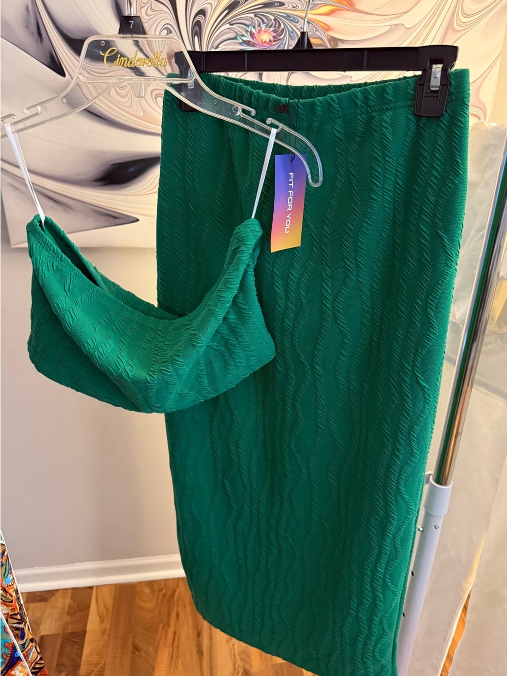 Green Textured Midi Skirt Halter Set